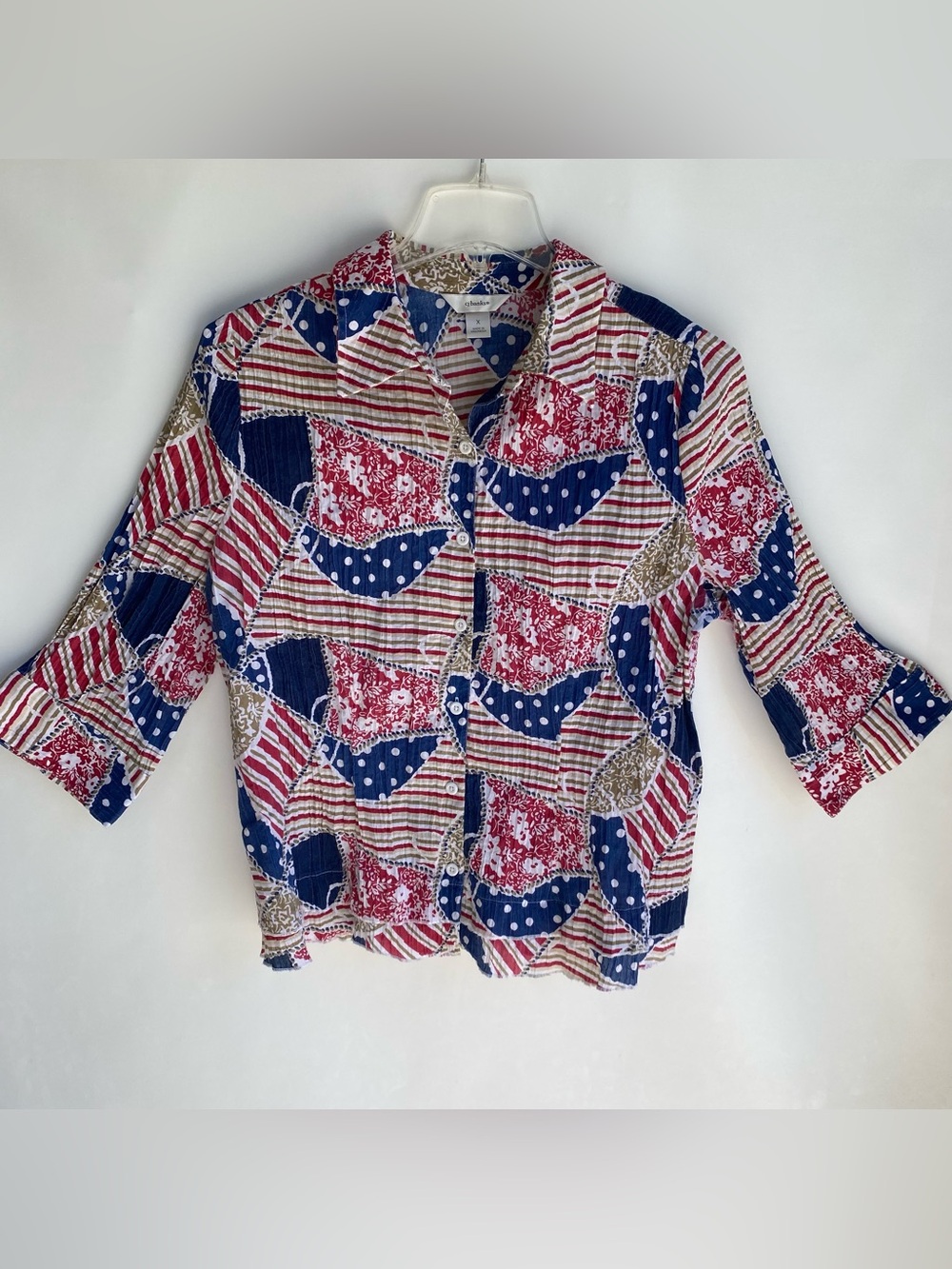 CJ Banks crinkled texture mixed print Americana floral polka dot ruffle blouse
